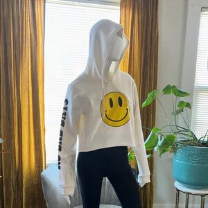 Urban Outfitters White Cropped Hoodie with Yellow Smiley